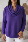 Cowl Neck Knit Sweater in Purple — studio front