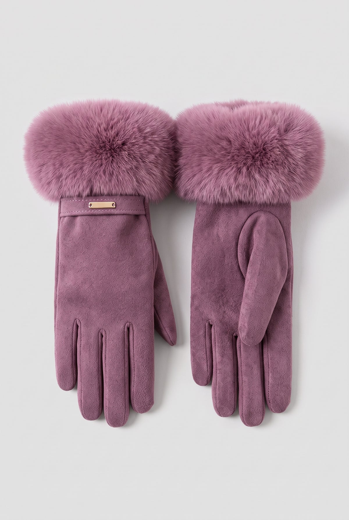 Faux Fur Cuff Gloves in Purple — studio front