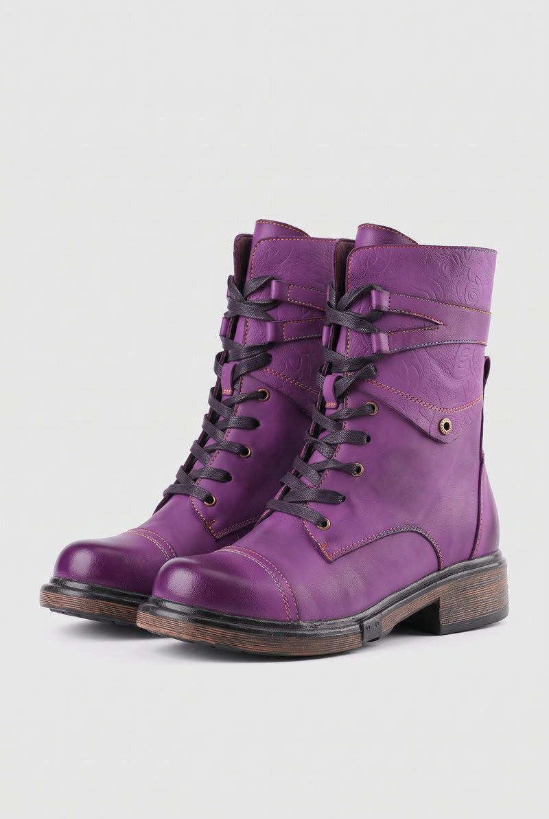 Leather Lace-Up Ankle Boot in Purple — studio front