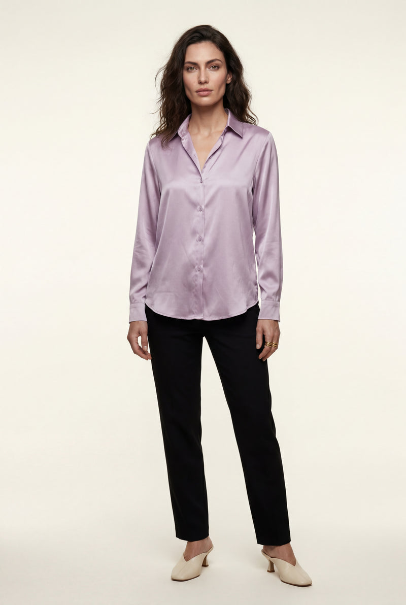Purple Lustrous Tailored Long Sleeve Button-up Blouse - Blouses - Photo 4