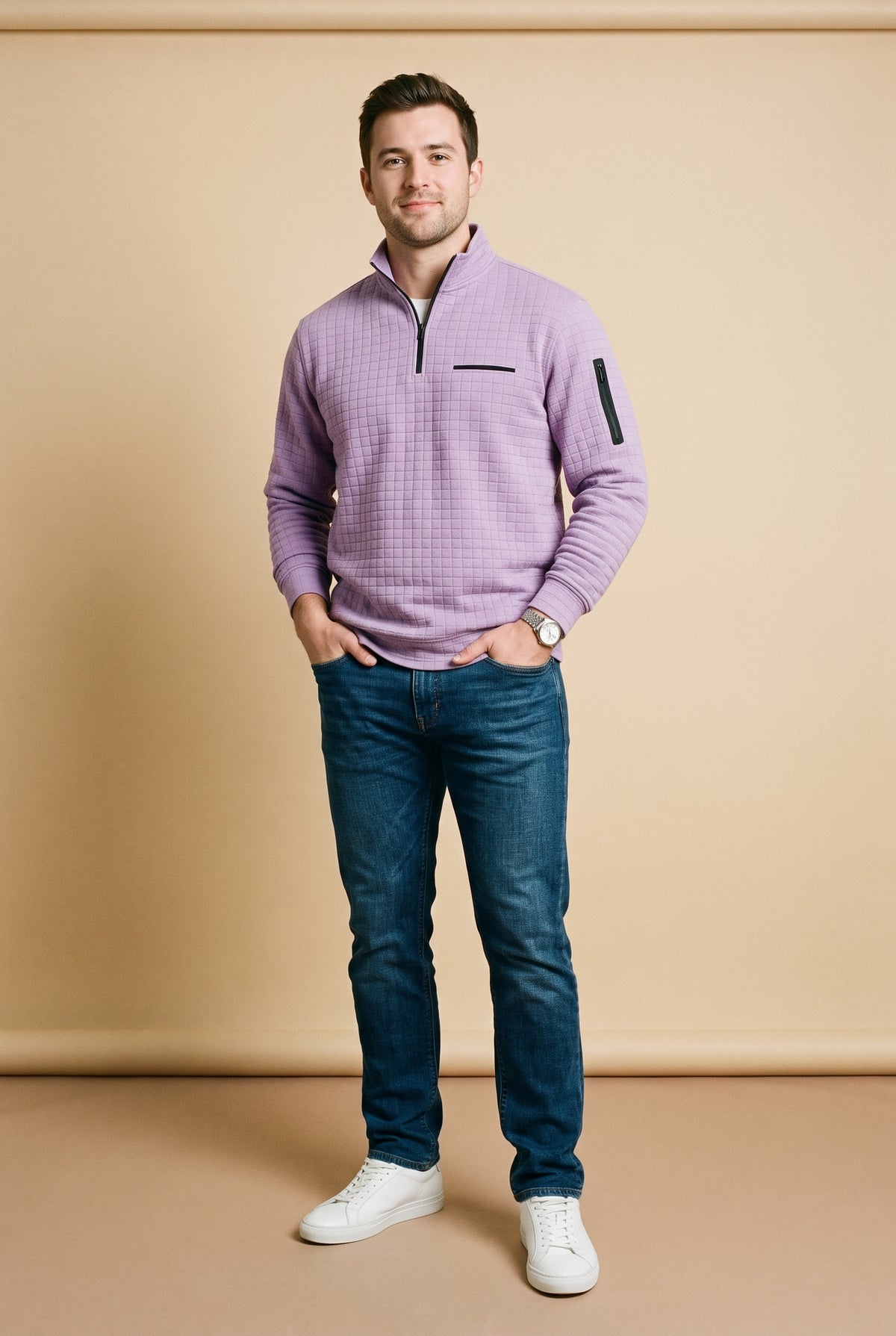 Men's Sweater Long Sleeve Waffle in Purple — studio full