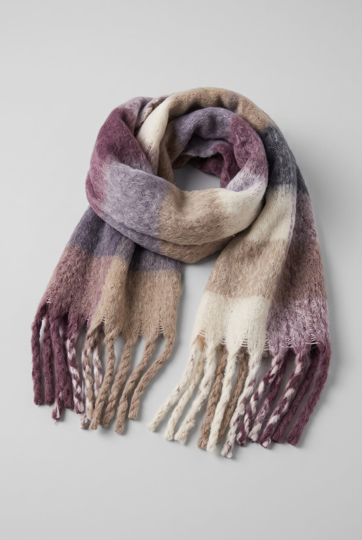 Oversized Fringed Scarf in Purple — studio front