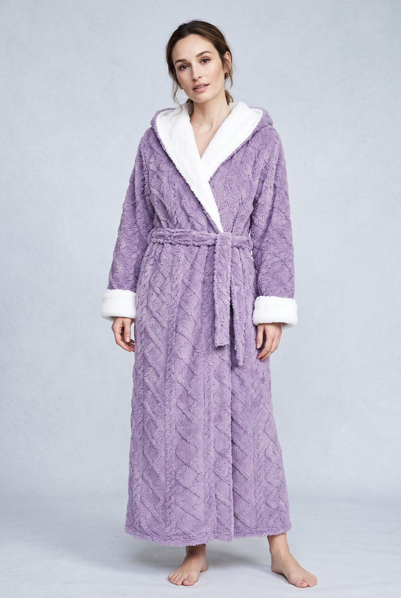 Plush Hooded Robe in Purple — studio front
