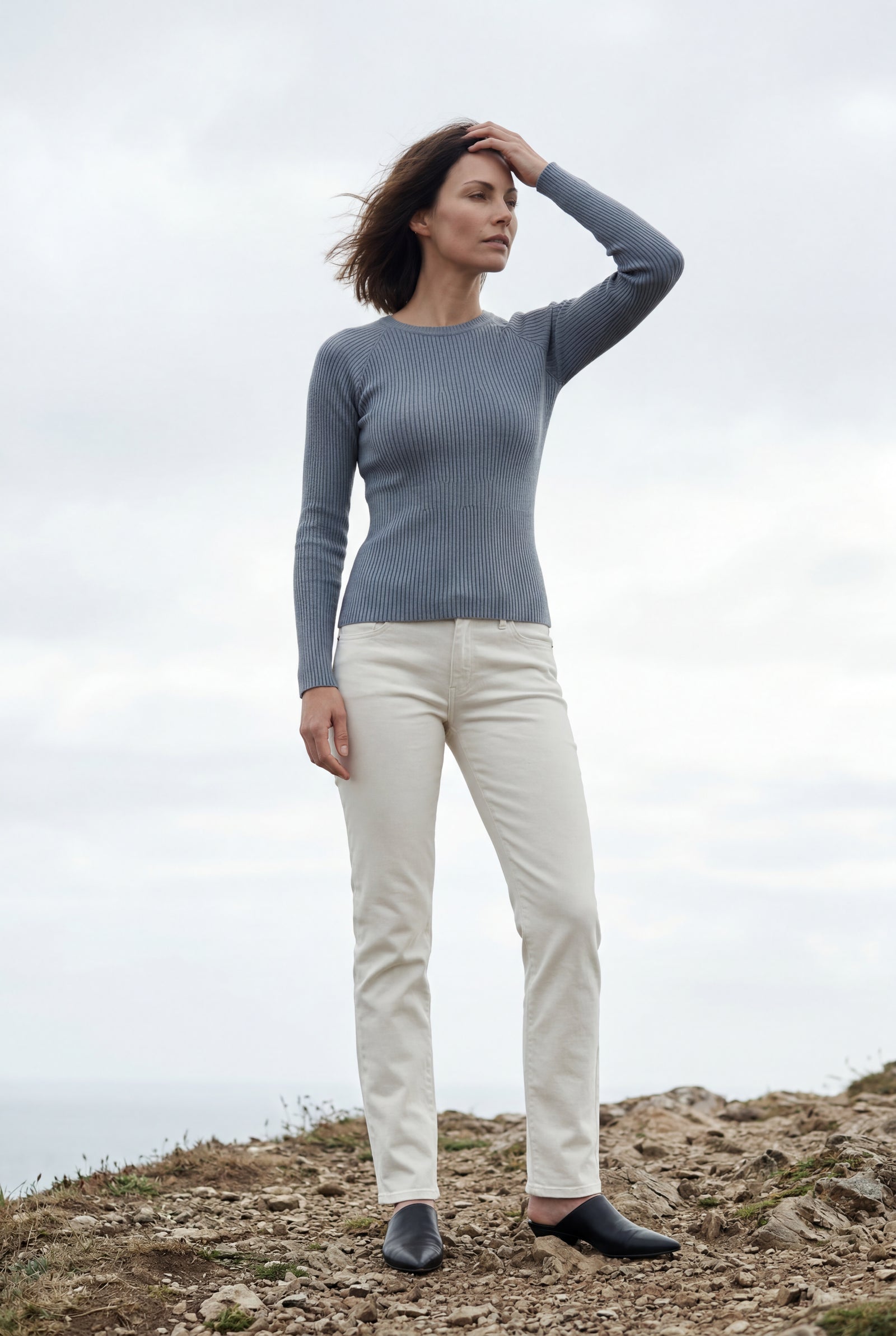 Blue Ribbed Fitted Crew Neck Long Sleeve Top - Fitted tops - Photo 12