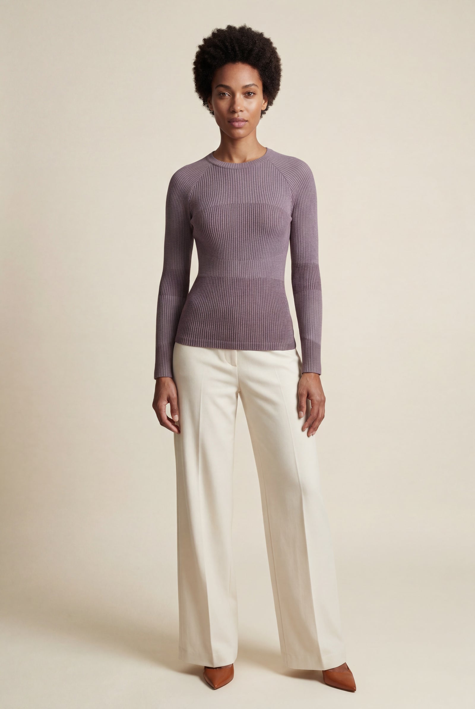 Purple Ribbed Fitted Crew Neck Long Sleeve Top - Fitted tops - Photo 15