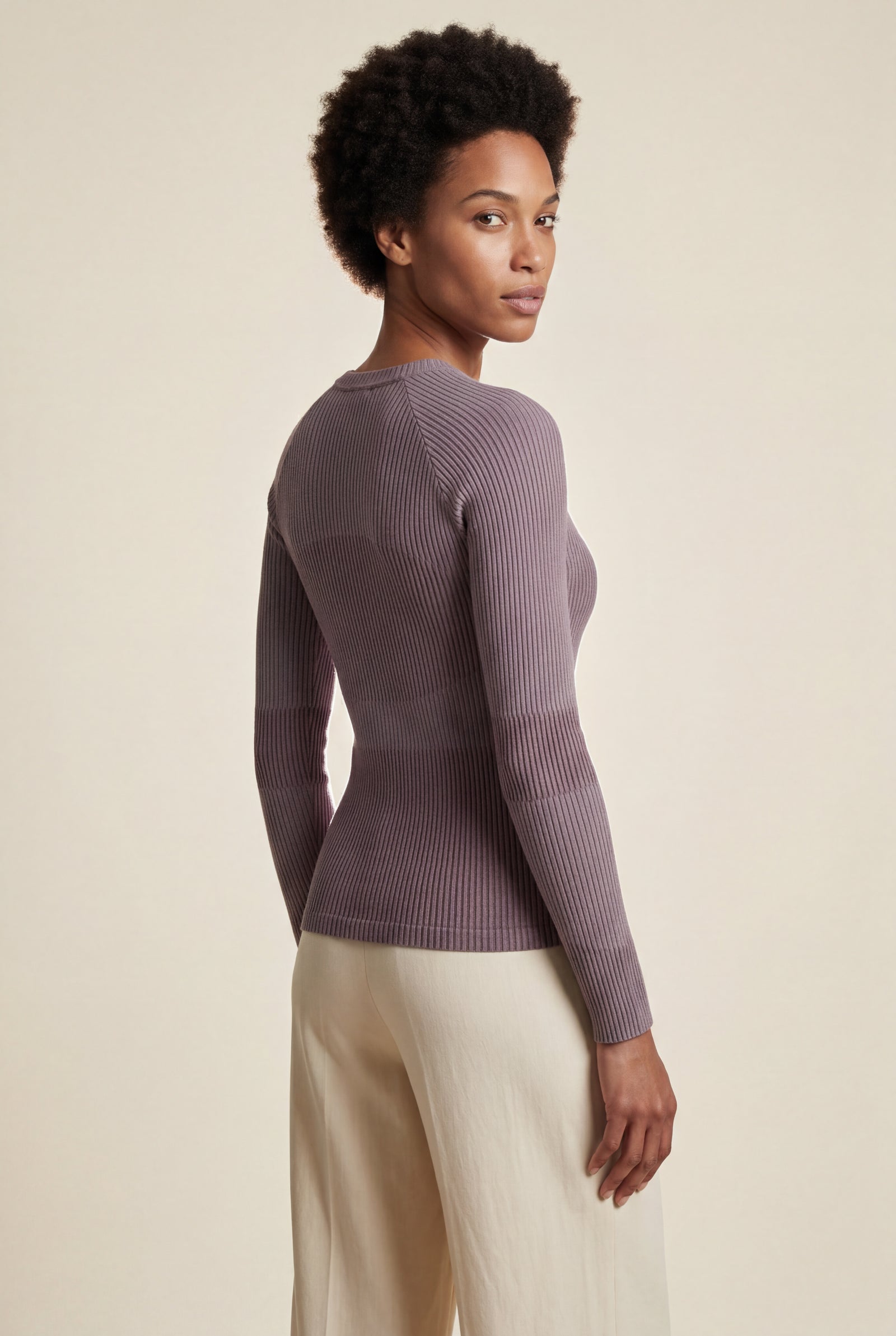 Purple Ribbed Fitted Crew Neck Long Sleeve Top - Fitted tops - Photo 16