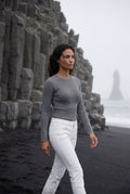 Gray Ribbed Fitted Crew Neck Long Sleeve Top - Fitted tops - Photo 4
