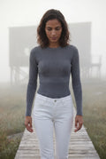 Gray Ribbed Fitted Crew Neck Long Sleeve Top - Fitted tops - Photo 8