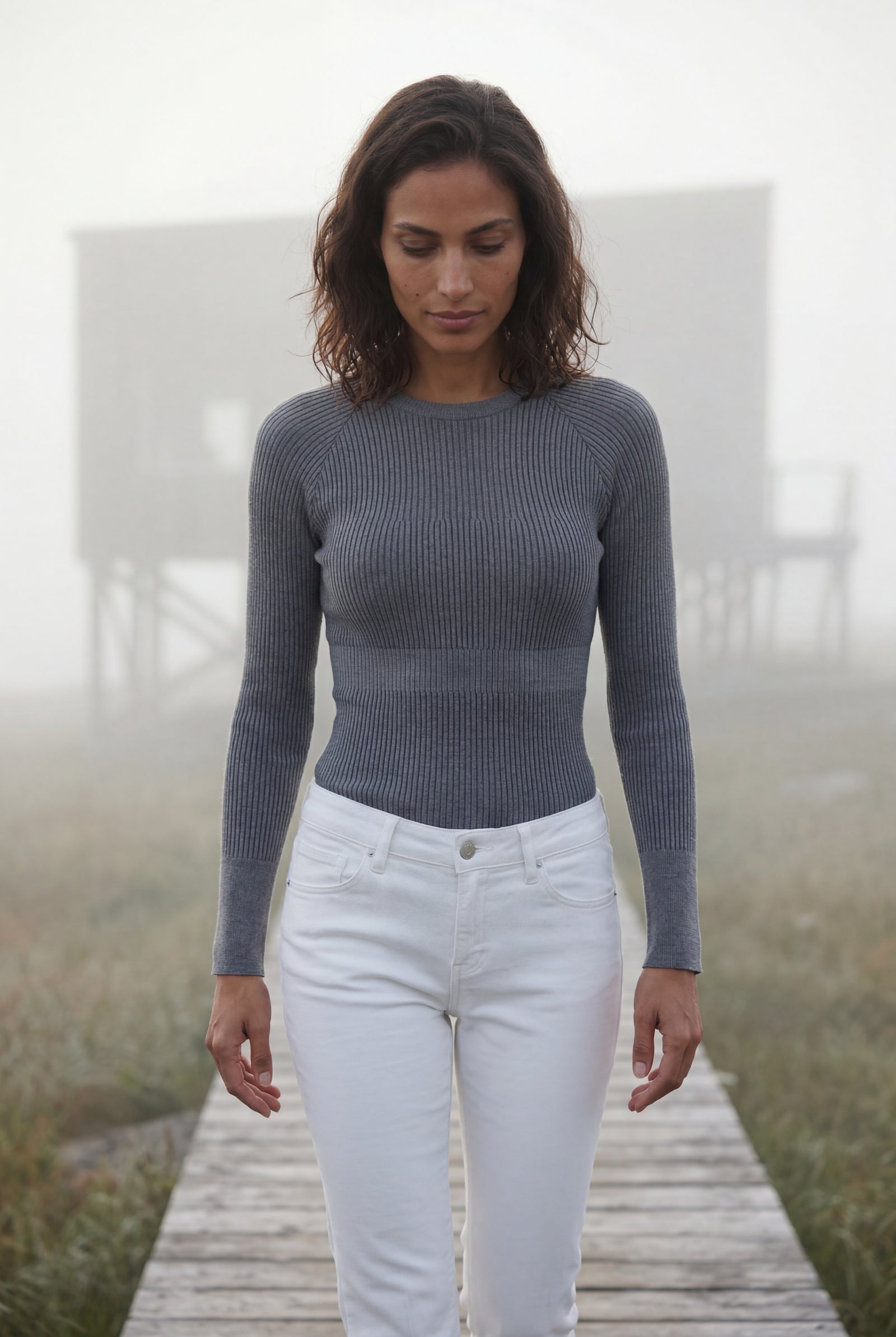 Gray Ribbed Fitted Crew Neck Long Sleeve Top - Fitted tops - Photo 8
