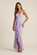 Purple Ruched Asymmetric Hem Maxi Dress with Ruffle Trim - Photo 14