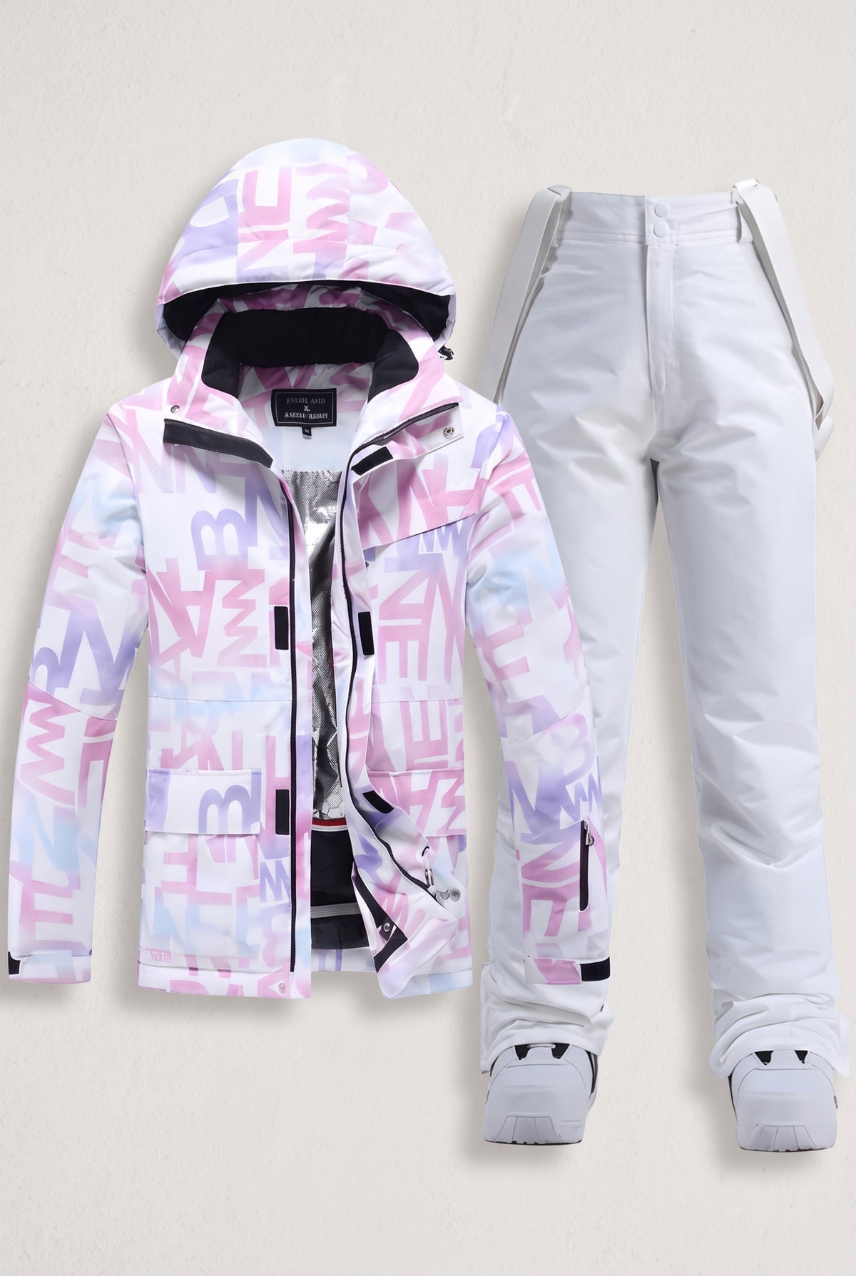 Hooded Ski Outfit Set in Purple with white — studio front