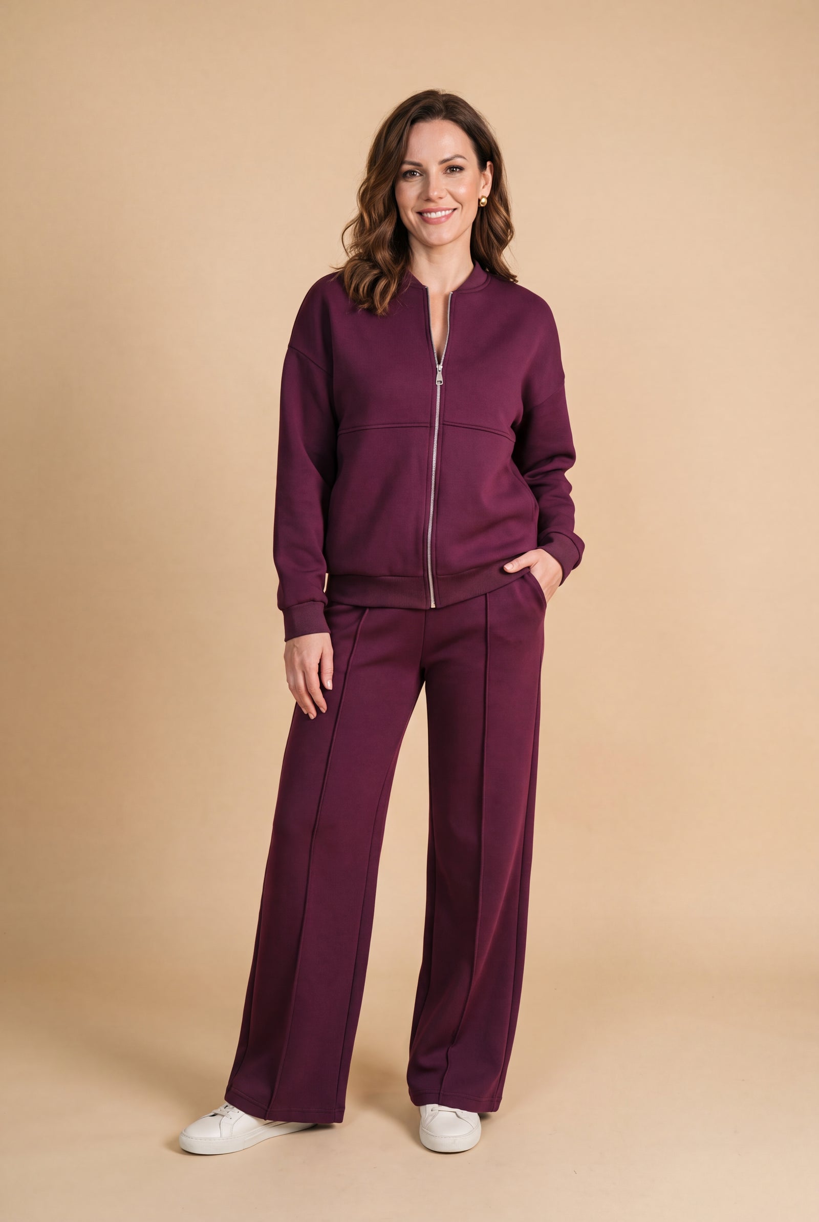 Women's Lounge Set Zip Top in Purple — studio front