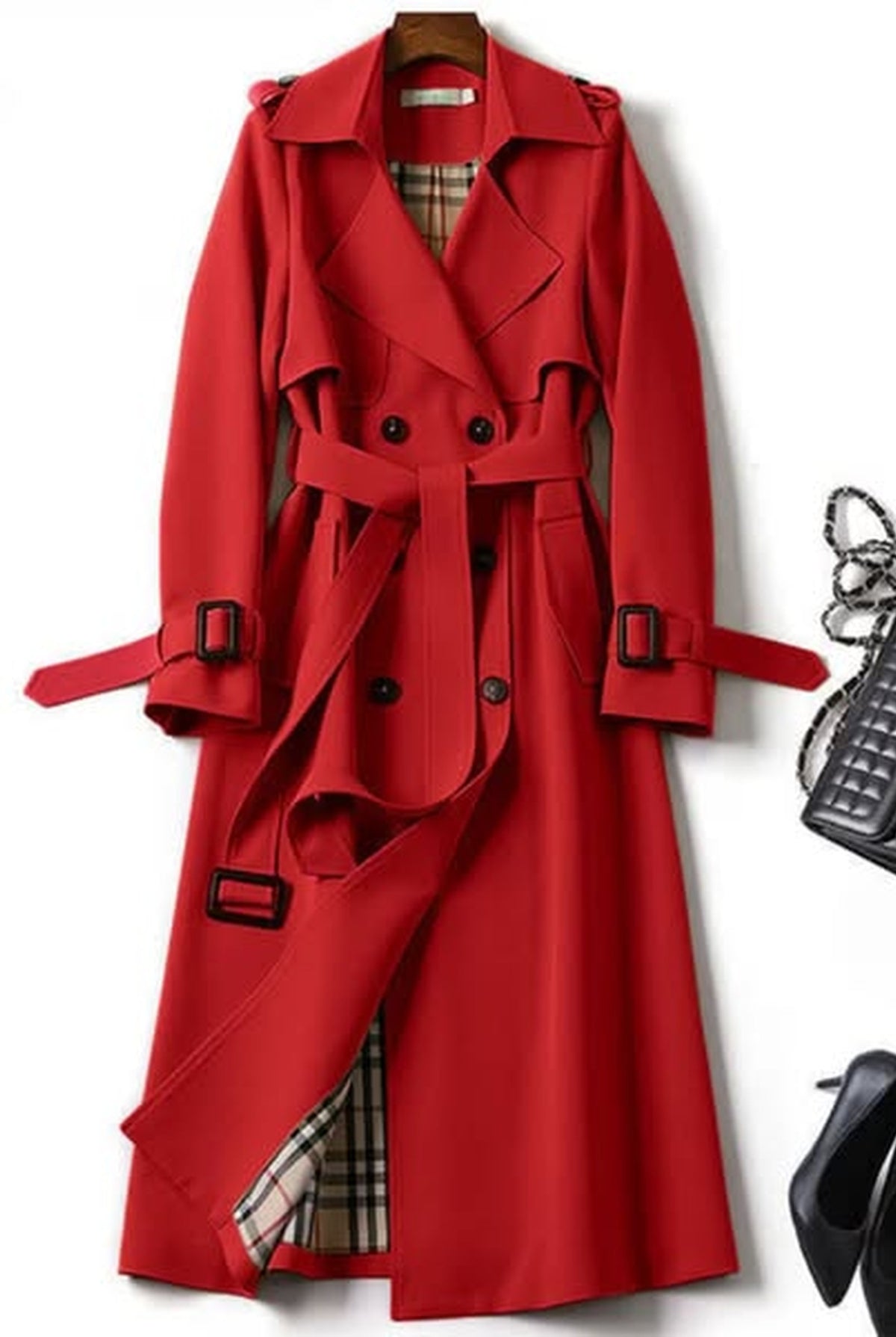 Belted Trench Coat in Red — front view