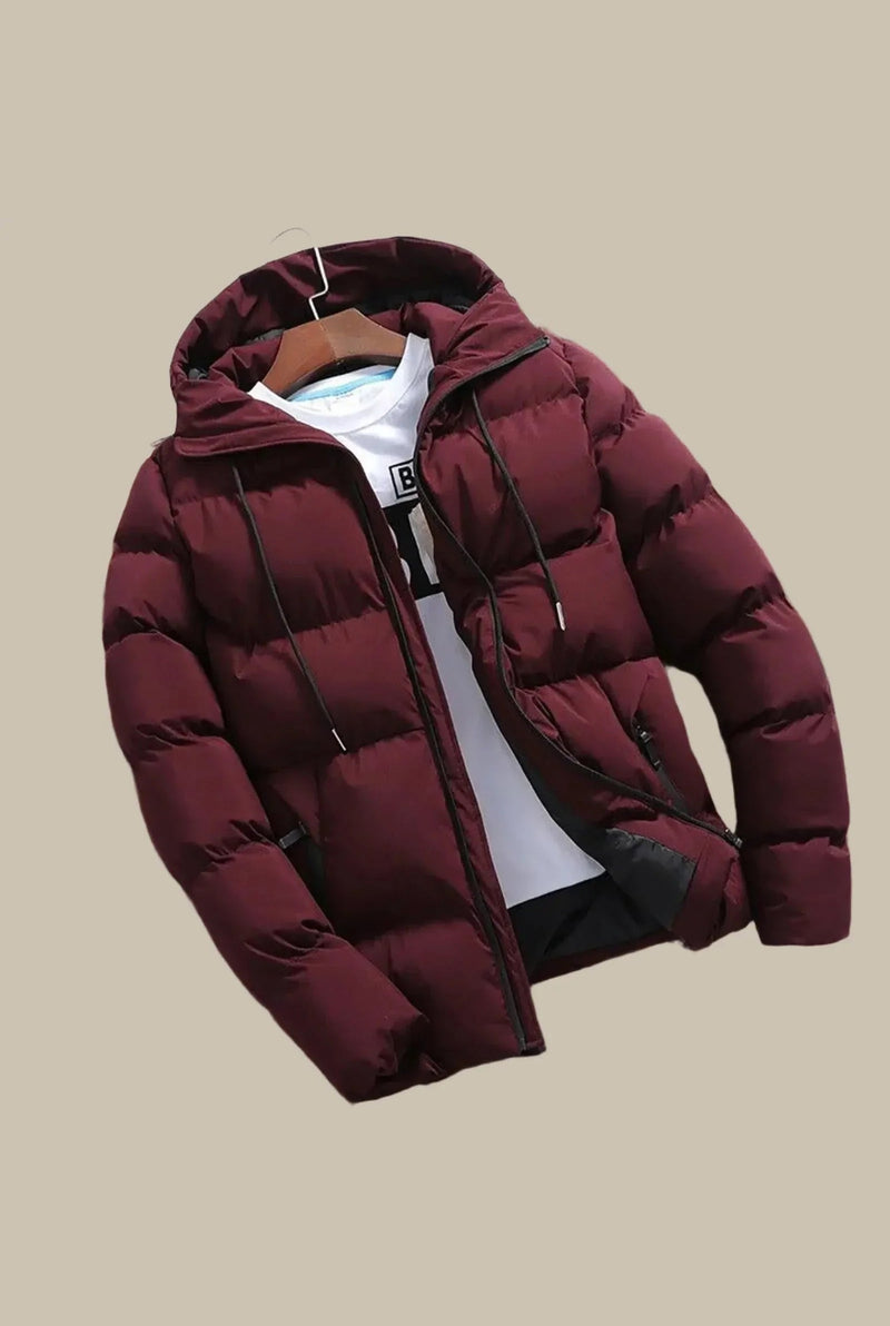 Broad Baffle Hooded Puffer in Red — front view