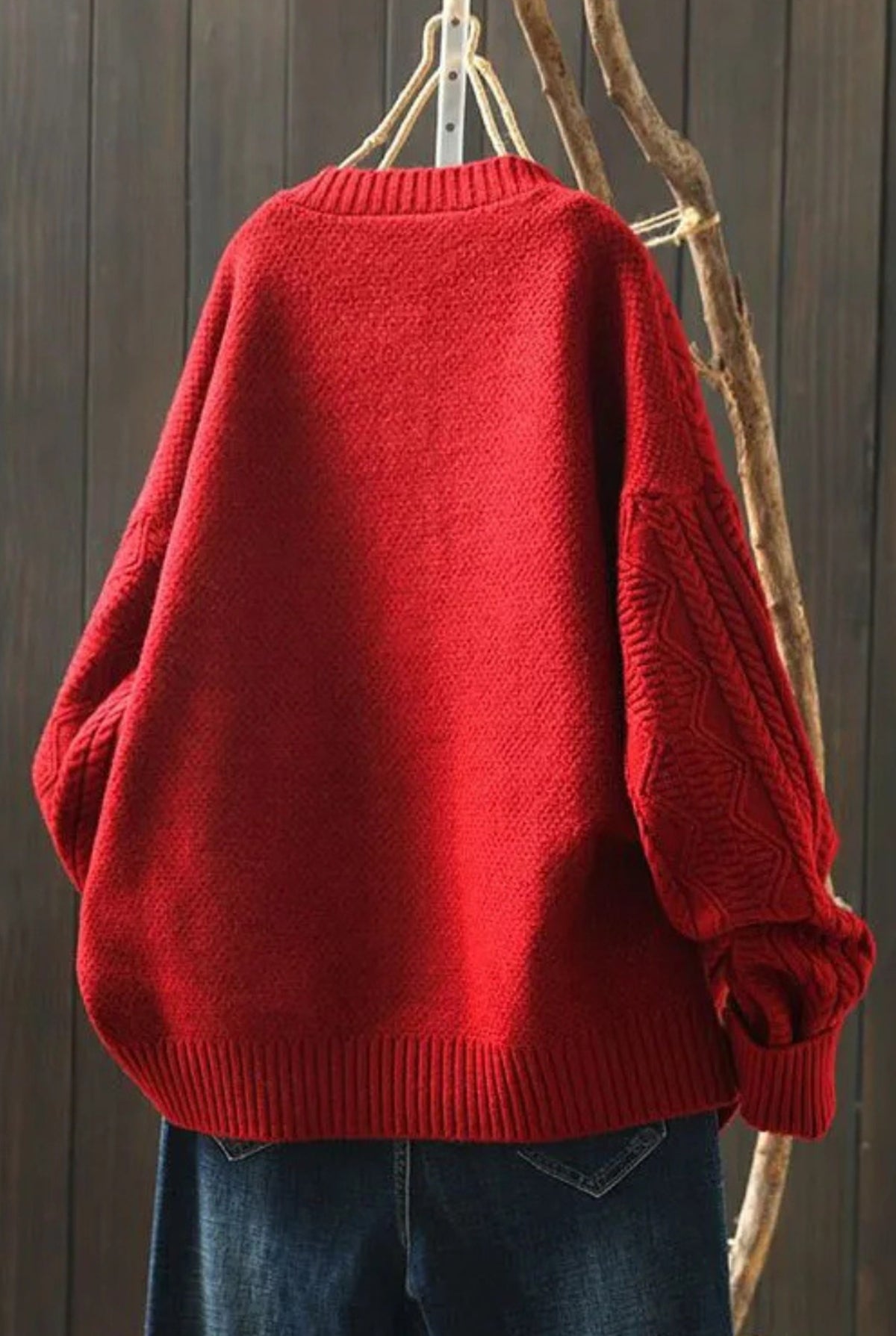 Cable-Knit Button Cardigan in Red — back