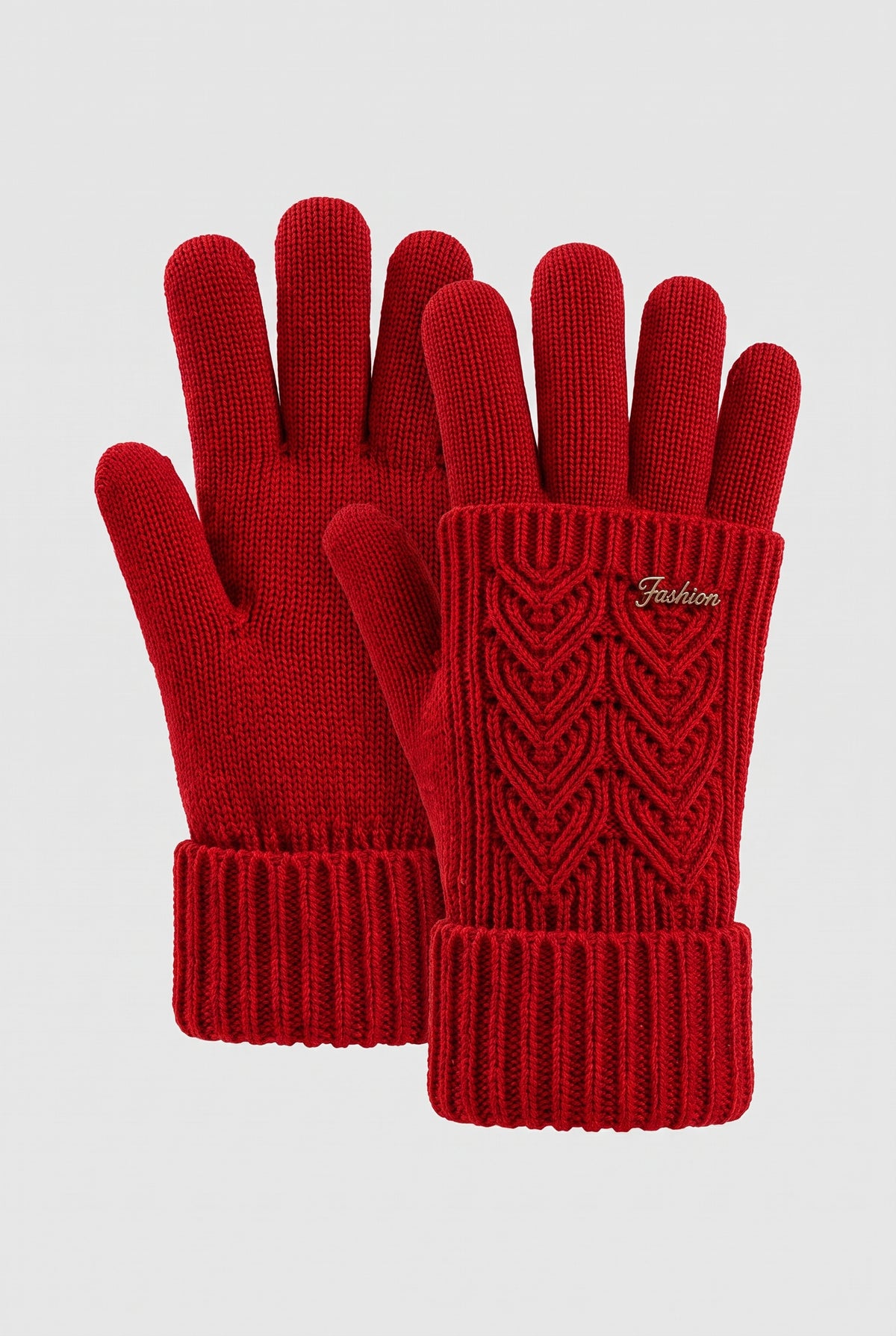 Cable-Knit Gloves with Ribbed Cuffs in Red — studio front