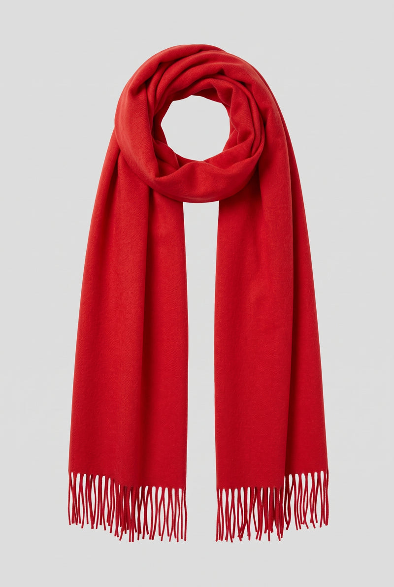 Cashmere Fringed Scarf in Red — studio front