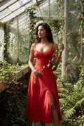 Red Corset Bodice A-line Midi Dress with Sweetheart Neckline - Photo 18