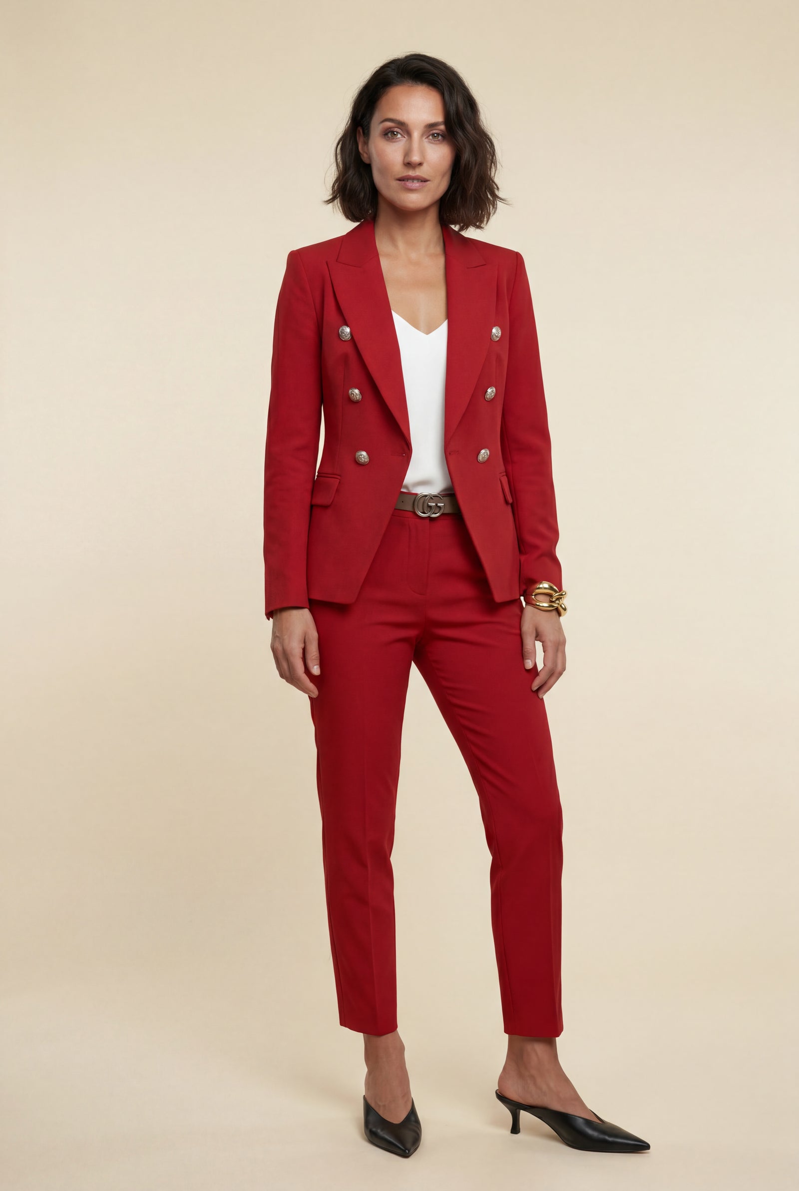 Red Double-breasted Blazer and Slim Trouser Suit Set - Photo 6