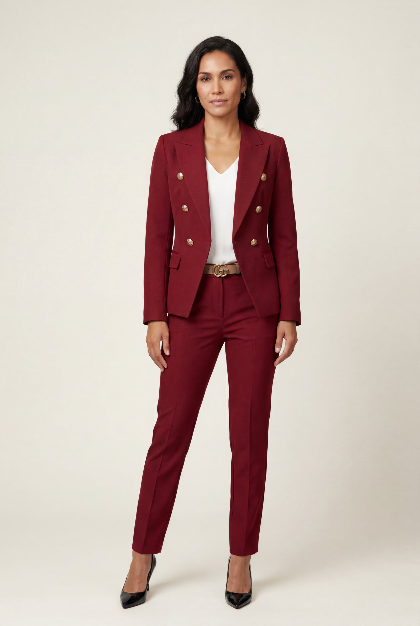 Red Double-breasted Fitted Jacket and Slim Trouser Suit Set - Photo 23