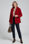 Double-Breasted Teddy Pea Coat in Red — front view