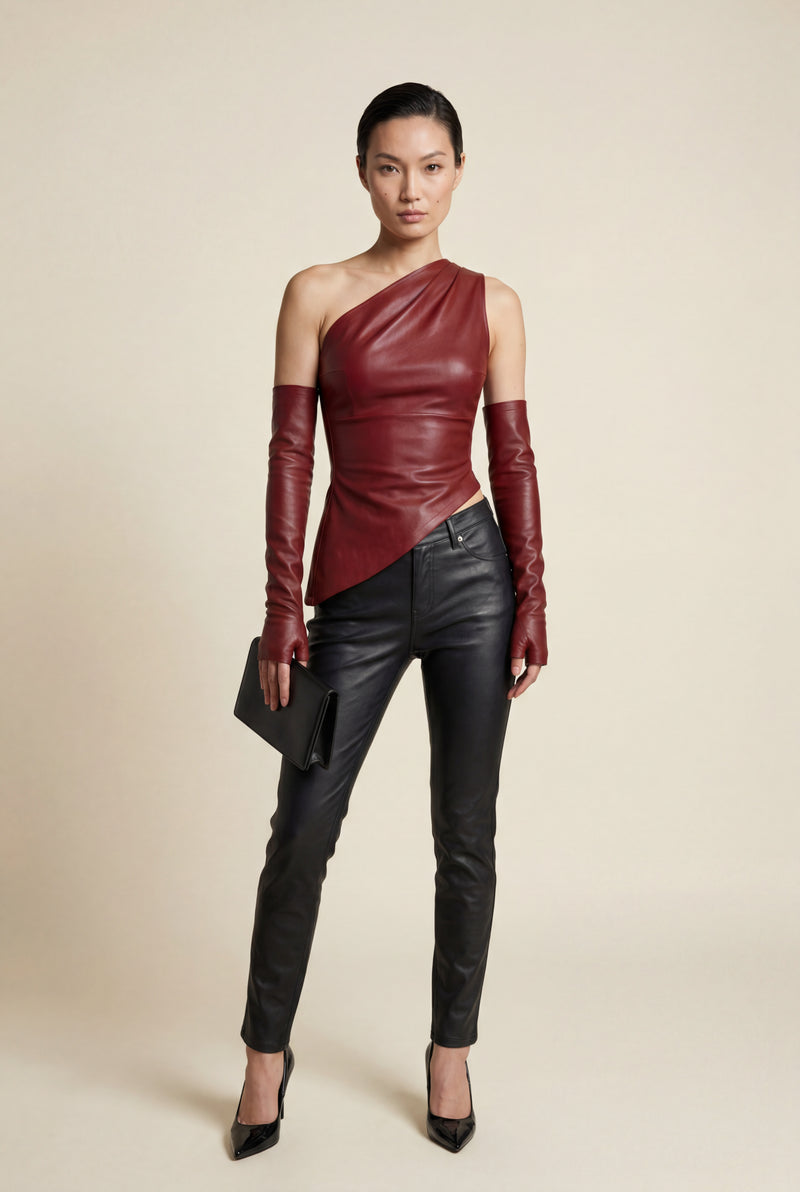 Red Dramatic Hem Asymmetric One Shoulder Faux Top - One shoulder top - Photo 1