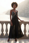 Black Embroidered Fish Motif Open Back Maxi Dress - Photo 10