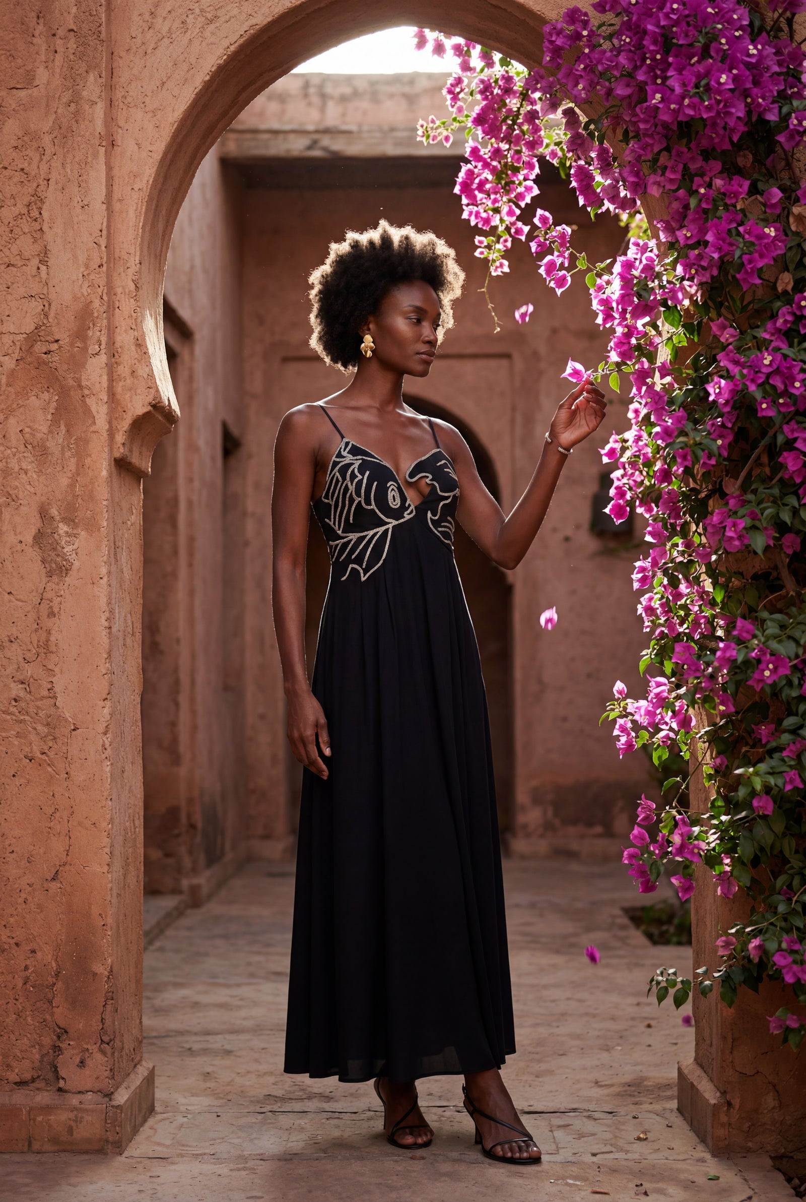 Black Embroidered Fish Motif Open Back Maxi Dress - Photo 12