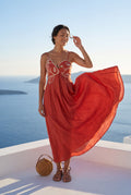 Red Embroidered Fish Motif Open Back Maxi Dress - Photo 7