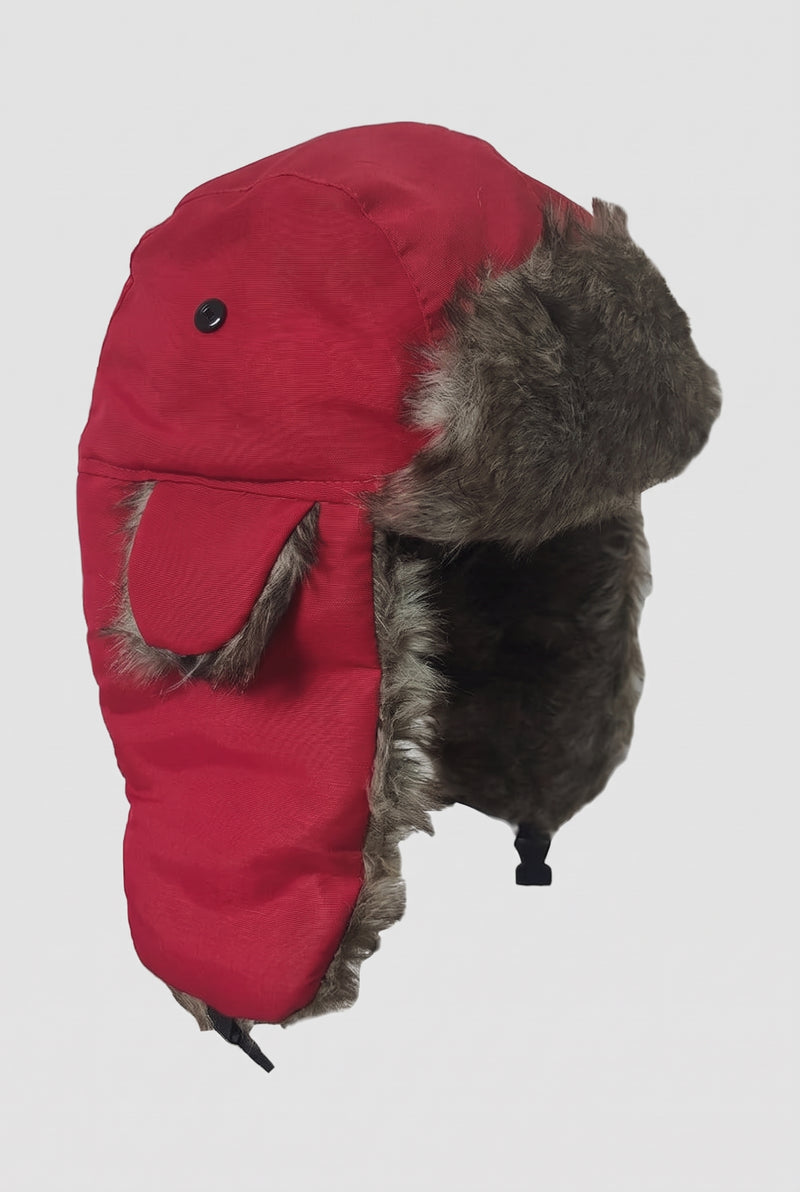 Faux Fur Lined Trapper Hat in Red — studio front