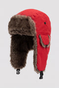 Faux Fur Trapper Hat in Red — studio front