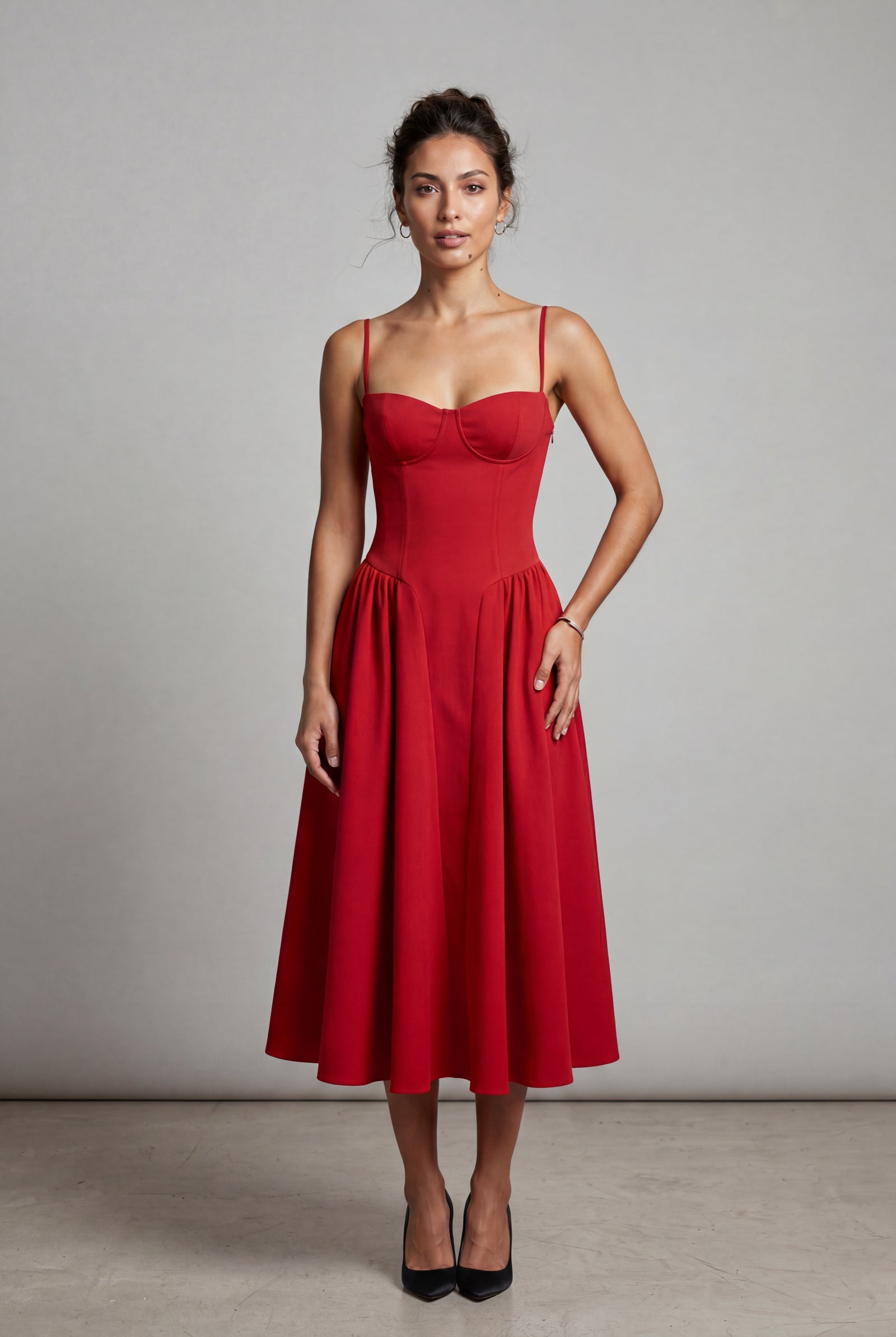 Red Floral Corset Bodice Midi Dress with Spaghetti Straps - Photo 11