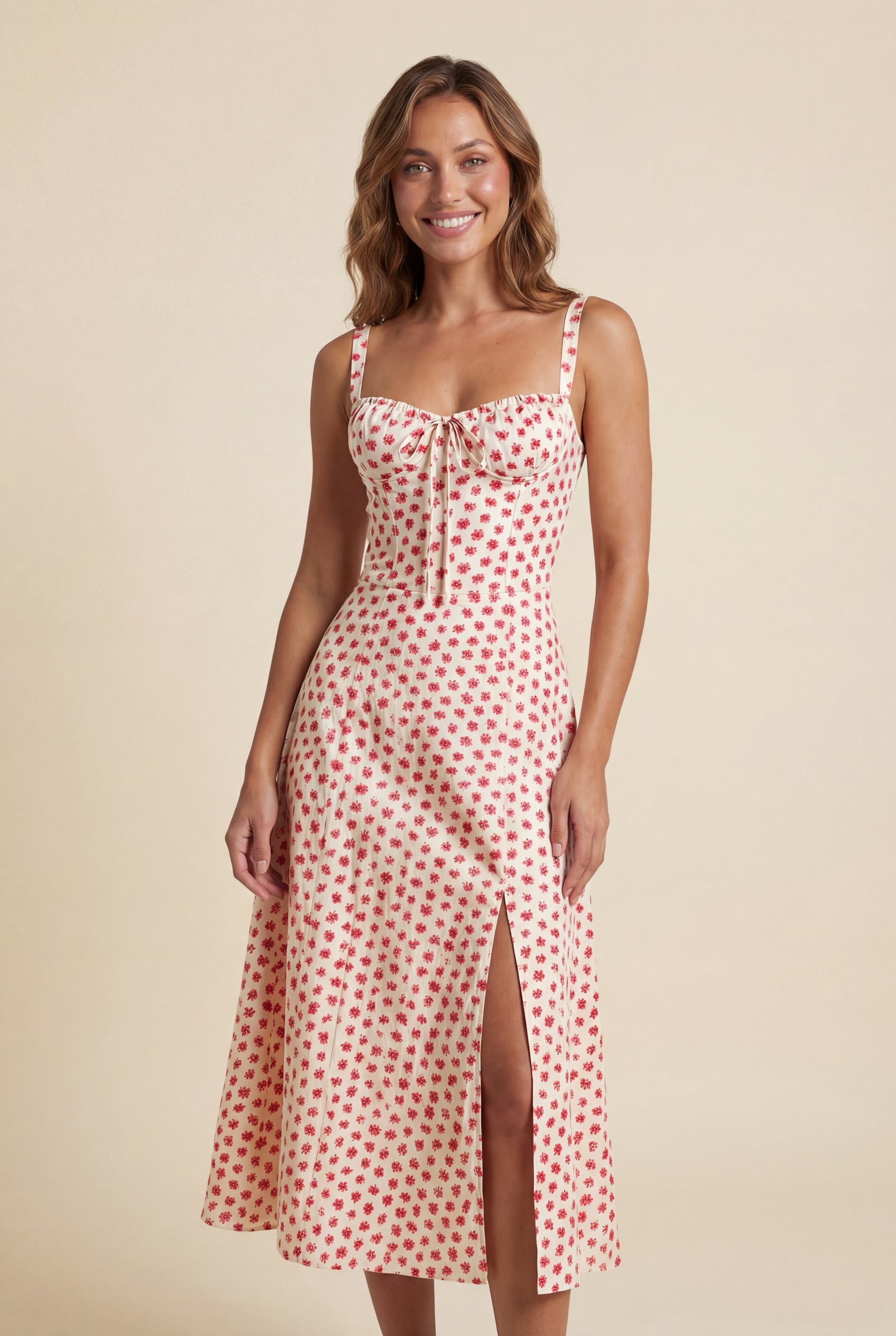 Red Floral Ruched Bust A-line Sundress with Front Slit - A-line sundresses - Photo 13