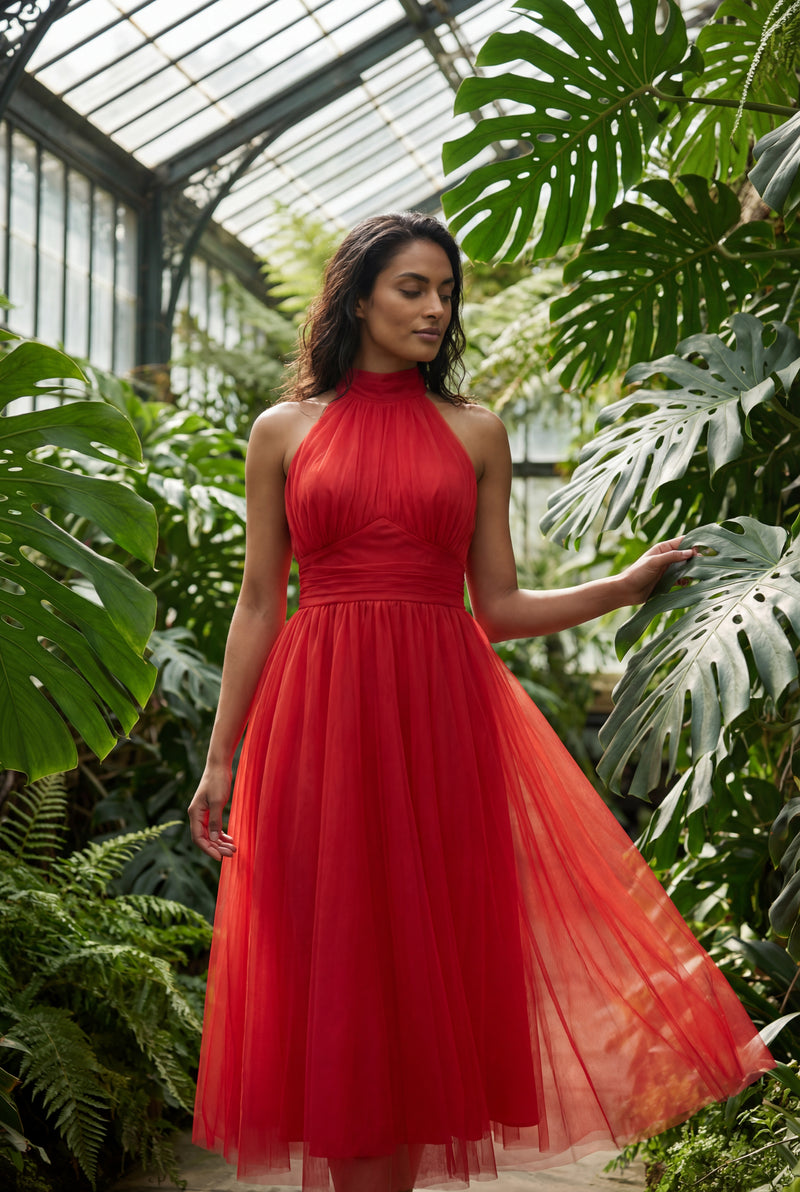 Red Gathered Halter Neck Midi Dress with Fitted Waist - Wedding guest dress - Photo 2