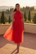 Red Gathered Halter Neck Midi Dress with Fitted Waist - Wedding guest dress - Photo 3