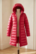 Glossy Hooded Puffer Coat in Red — studio front