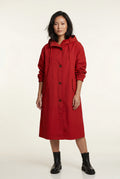 Red Hooded Snap Button Long Parka Coat with Adjustable Waist - Long coat - Photo 9