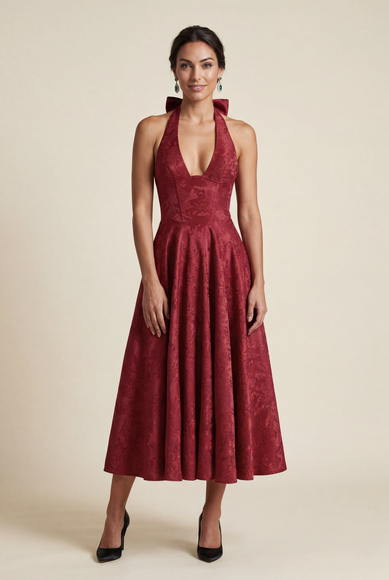 Red Jacquard Halter Corset Bodice A-line Midi Dress - A-line dress - Photo 2