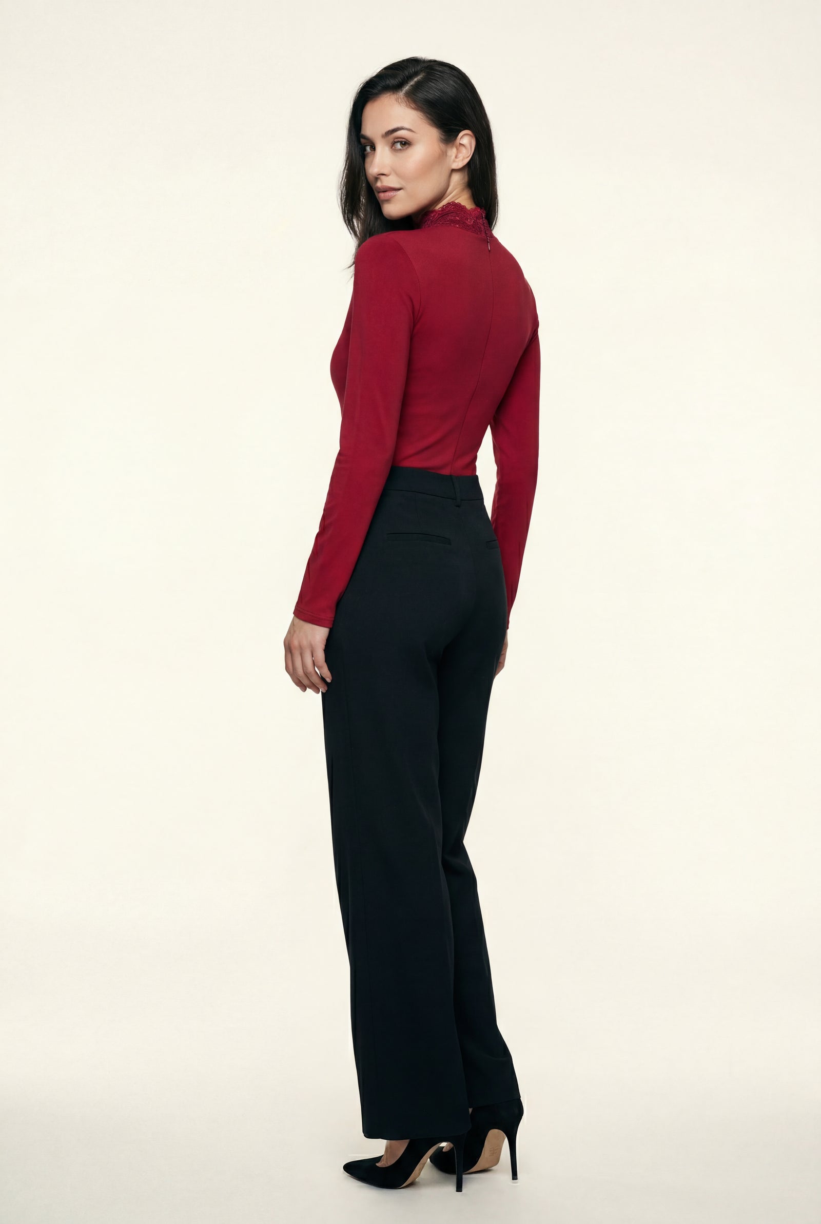 Red Lace-trim Deep V-neck Fitted Long Sleeve Top - Fitted tops - Photo 2