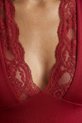 Red Lace-trim Deep V-neck Fitted Long Sleeve Top - Fitted tops - Photo 4
