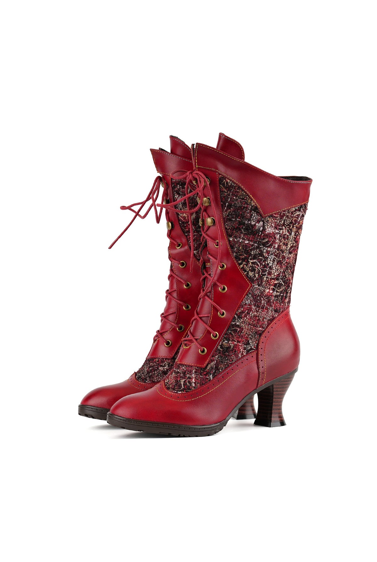 Lace-Up Mid-Calf Boots in Red — front view