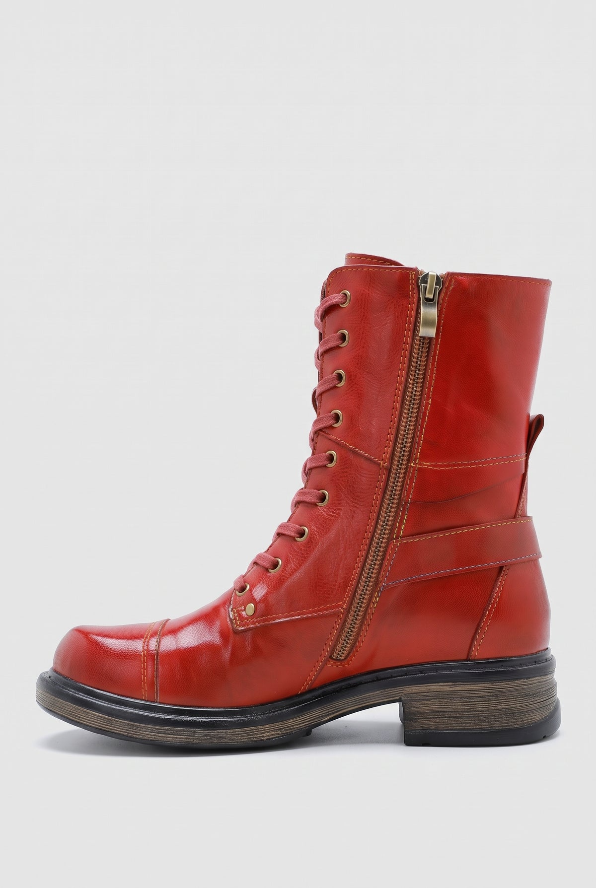 Leather Lace-Up Ankle Boot in Red — studio angle
