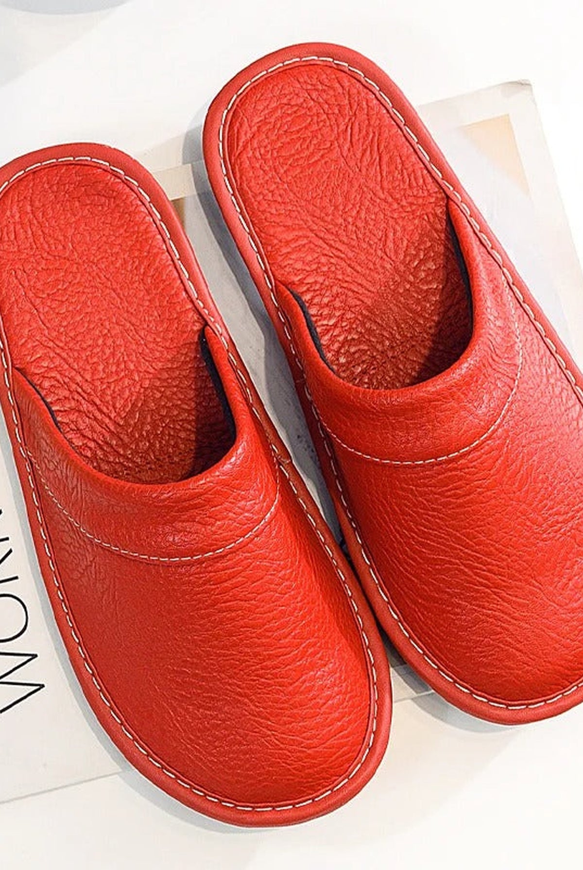 Leather Slip-On Slippers in Red — front view