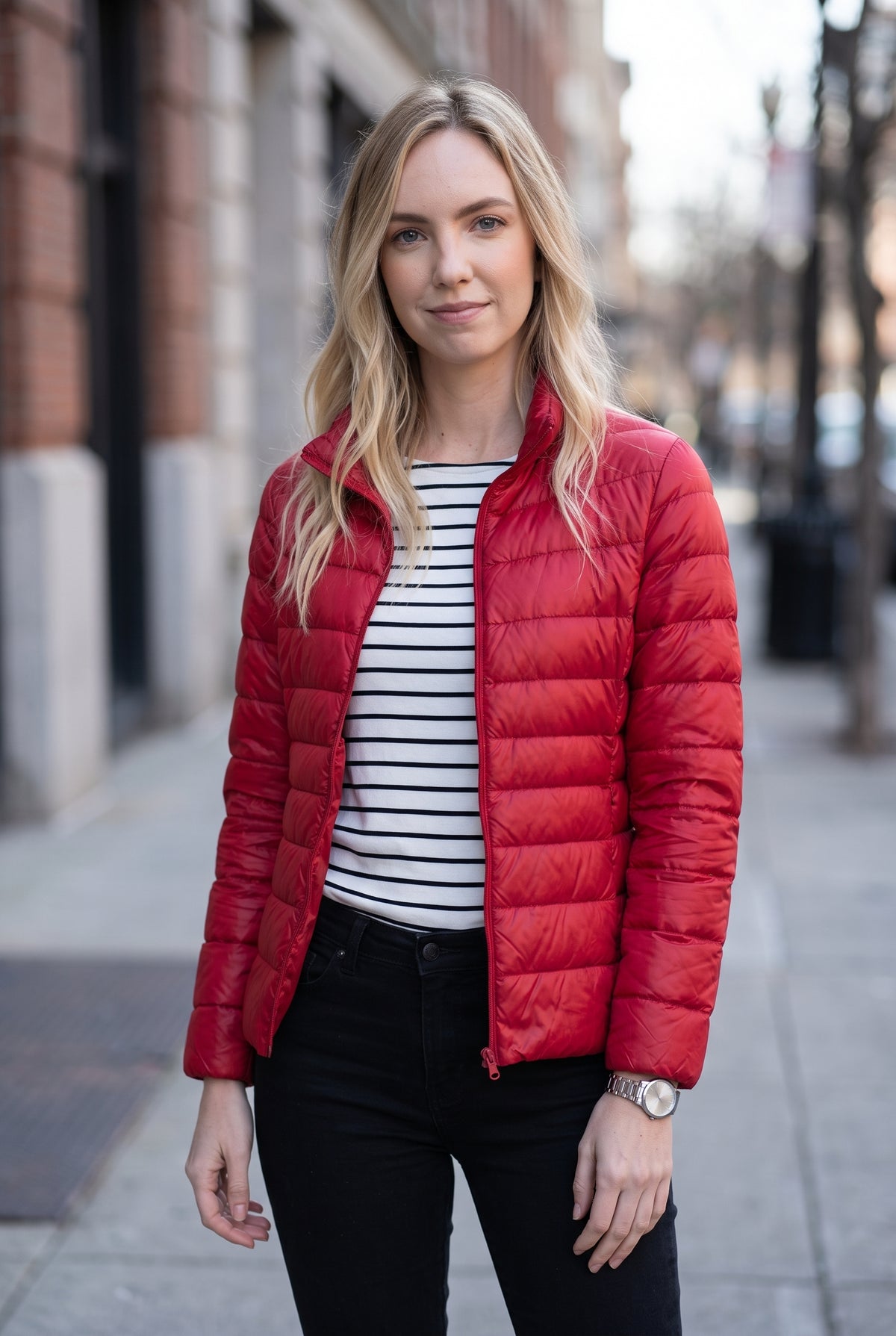 Lightweight Quilted Puffer Jacket in Red — studio front
