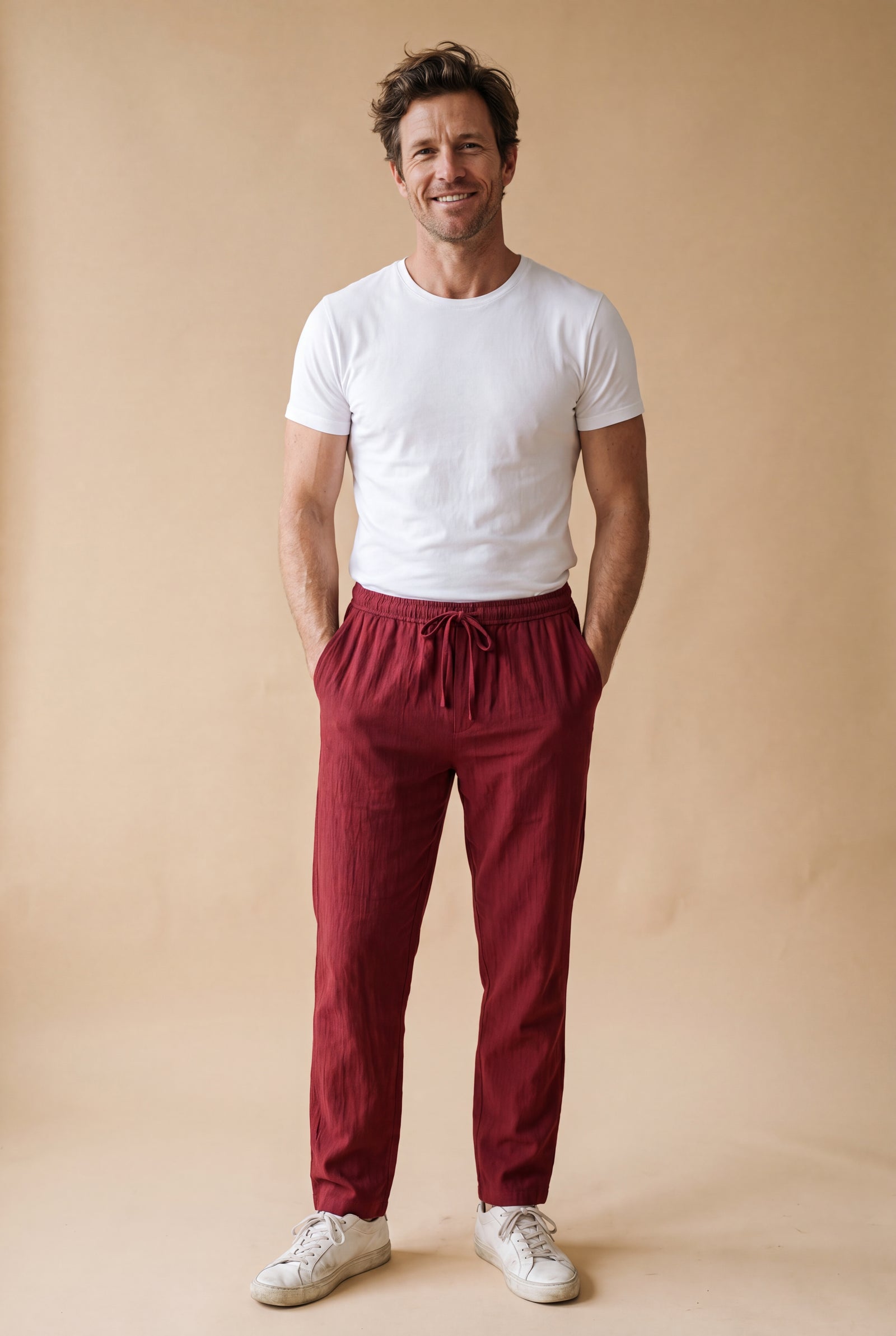 Men Pants Slim Fit Elastic Waist in Red — studio full body