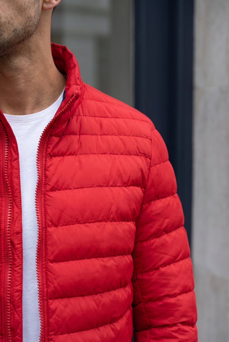 Quilted Puffer Jacket in Red — studio detail