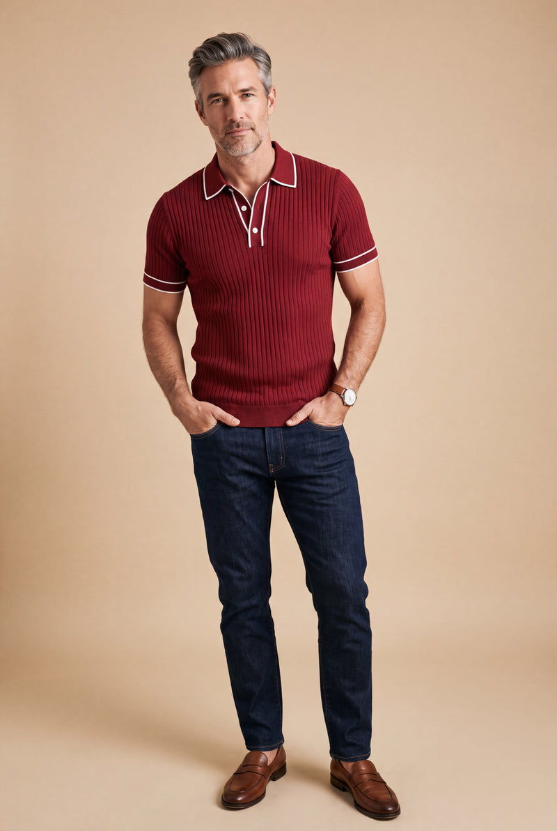 Men's Polo Shirt Color-Blocked Short Sleeve in Red — studio full body