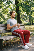 Men's Trousers Elastic Waist Relaxed Fit in Red — park bench relax