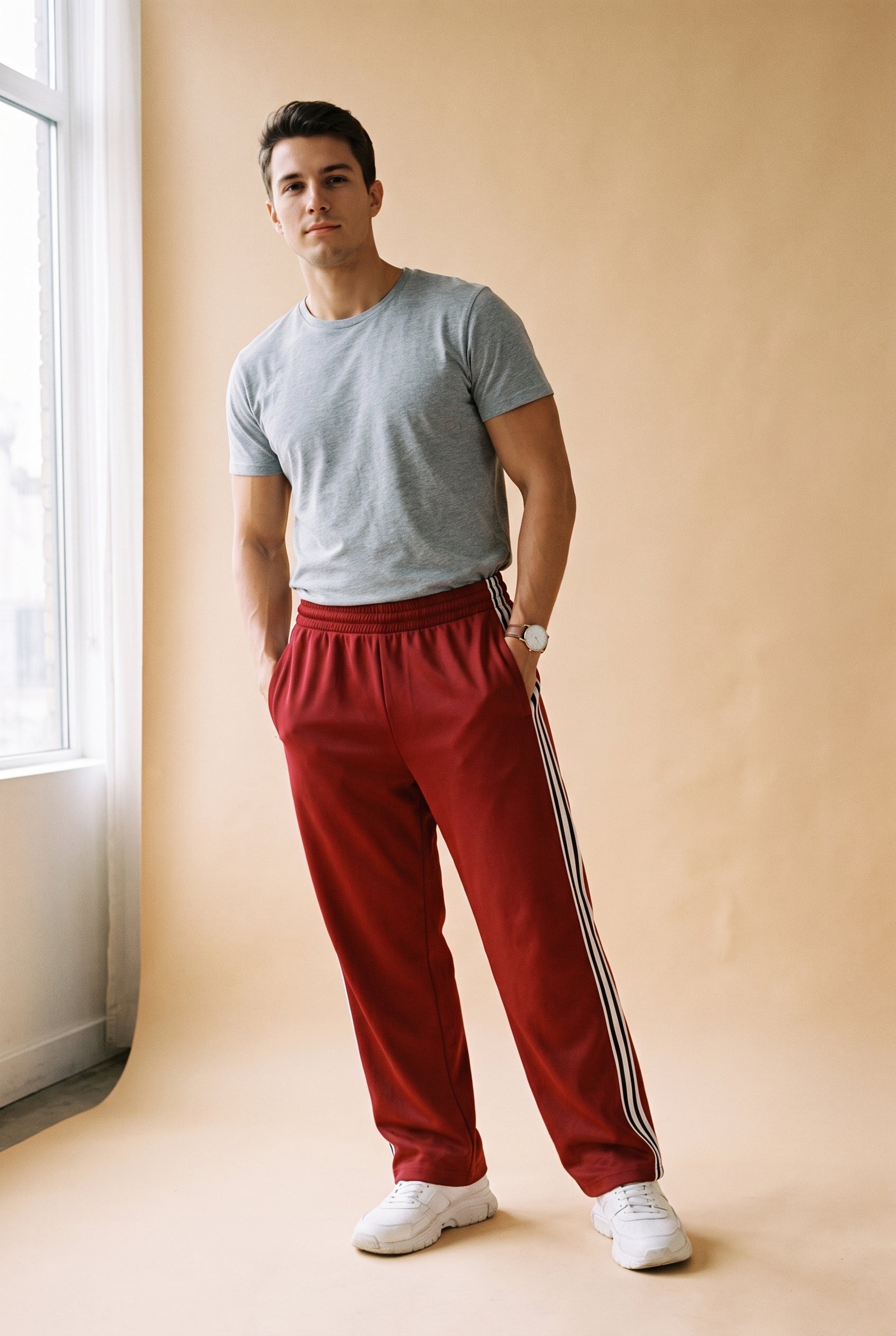 Men's Trousers Elastic Waist Relaxed Fit in Red — studio front