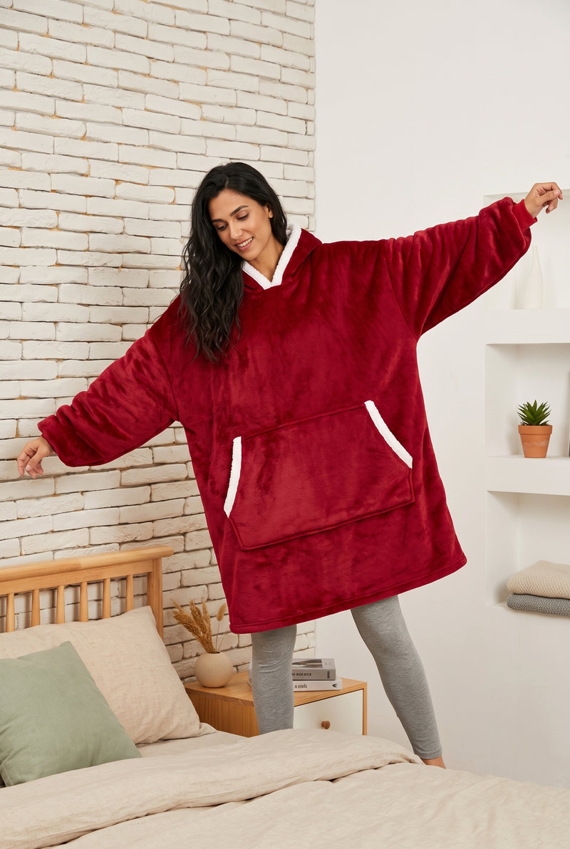 Oversized Fleece Blanket Hoodie in Red — studio front
